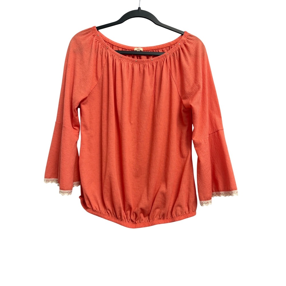 Reba Women Medium Coral Studded Scoop Neck Bell Sleeve Lace Trim Blouse Top